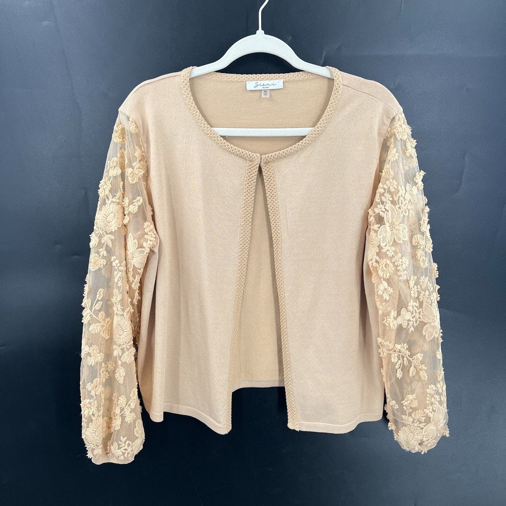 Sioni feminine romantic bohemian chic cardigan artsy sheer floral neutral XL - Picture 9 of 9